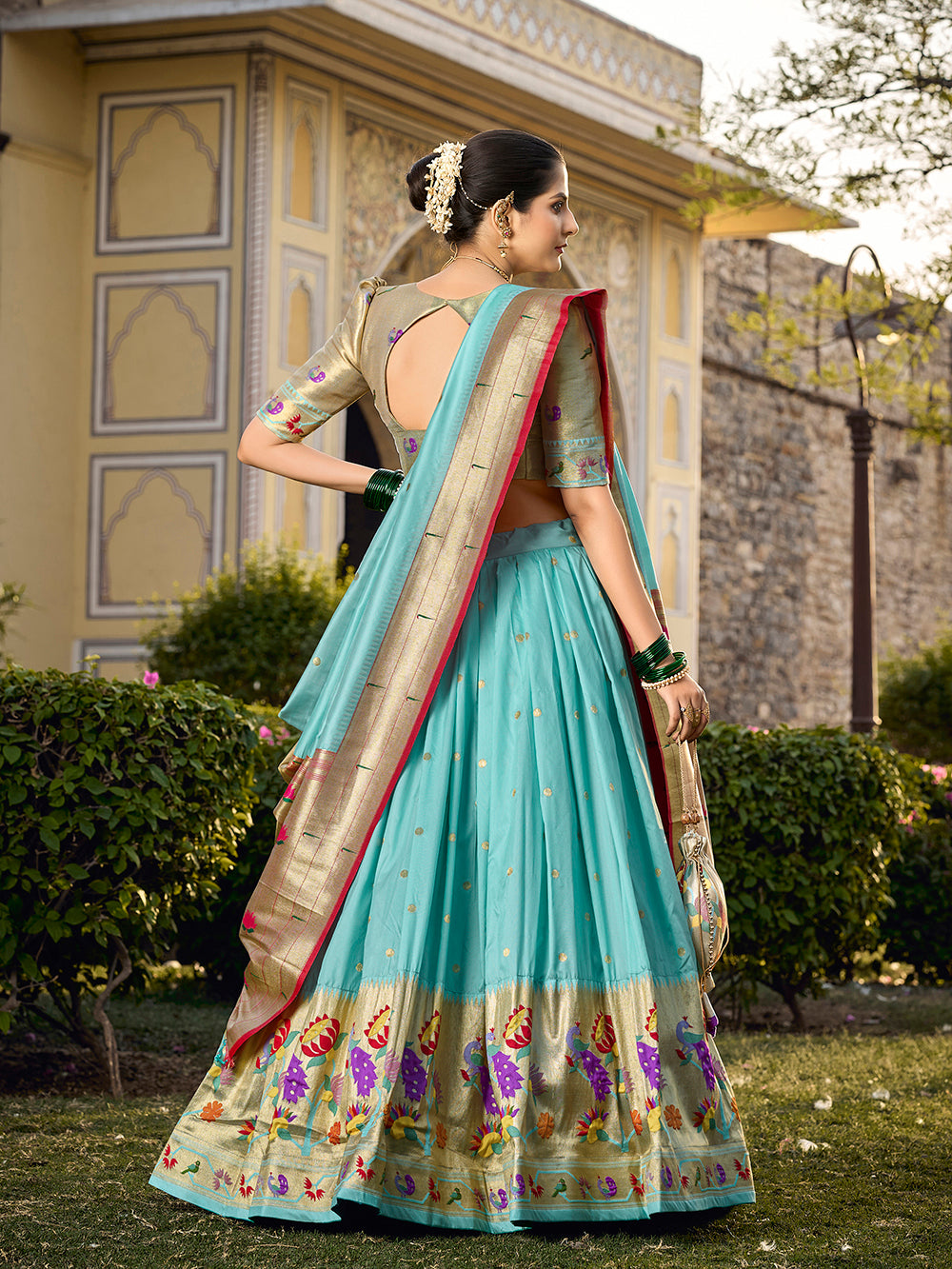 Sky Blue Color Jacquard Silk Paithani Weaving Zari Work Marathi Lehenga Choli