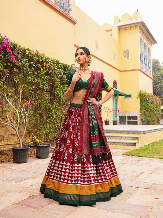 Maroon Color Print With Foil Work Tussar Silk Lehenga Choli