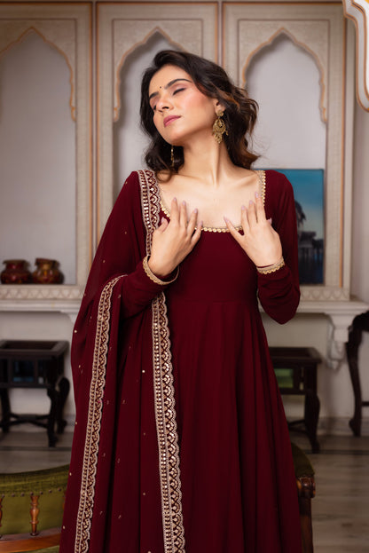 burgundy anarkali dress Bageecha by Idaho Clothing Introducing our stunning maroon Anarkali suit set, beautifully paired with an elegant embroidered dupatta. Crafted for timeless charm and effortless elegance, it's the perfect ensemble for