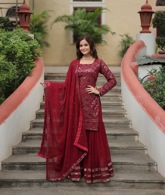 Maroon Color Faux Georgette Embroidered Sharara Suit