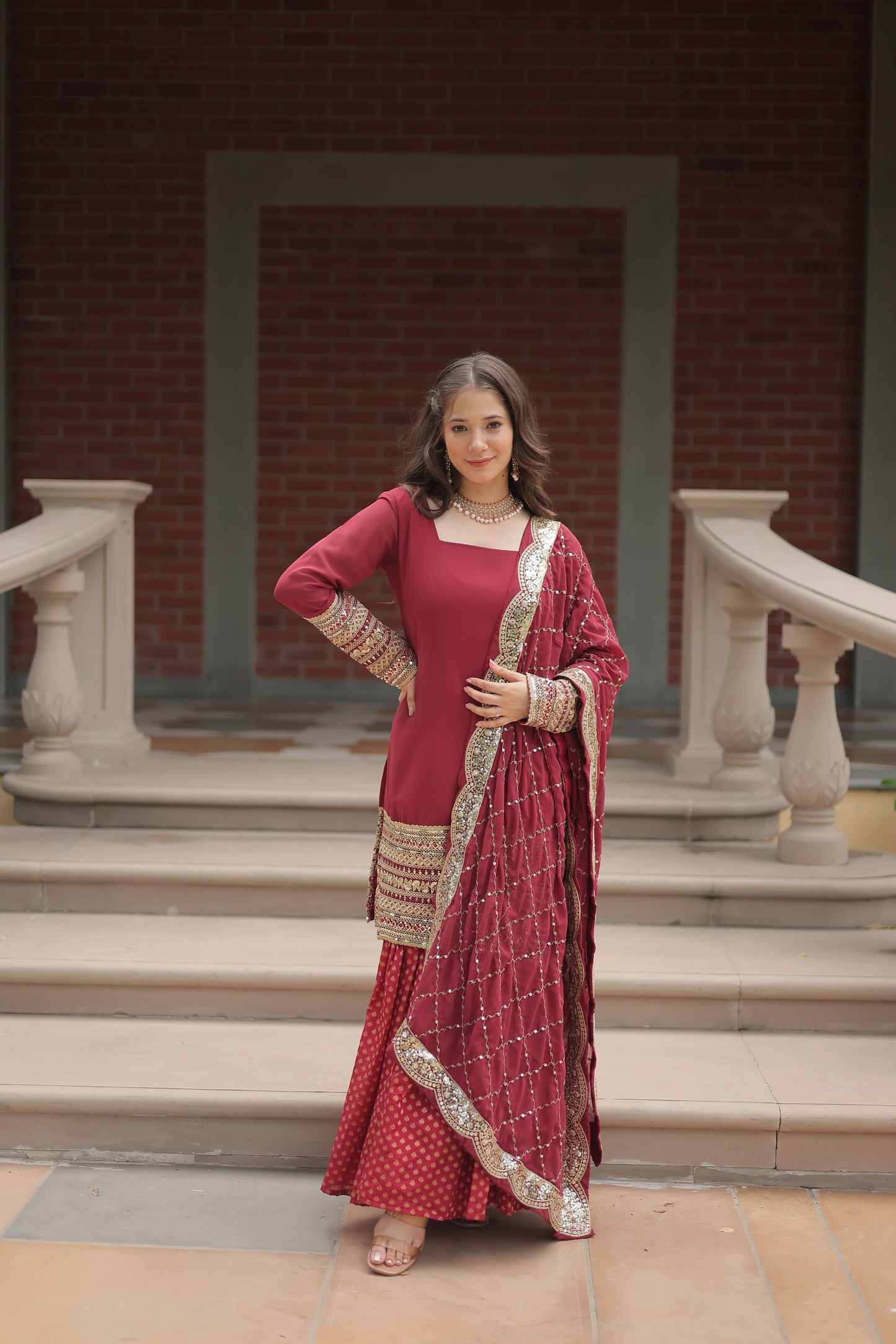Maroon Color Georgette And Jacquard Sharara Suit