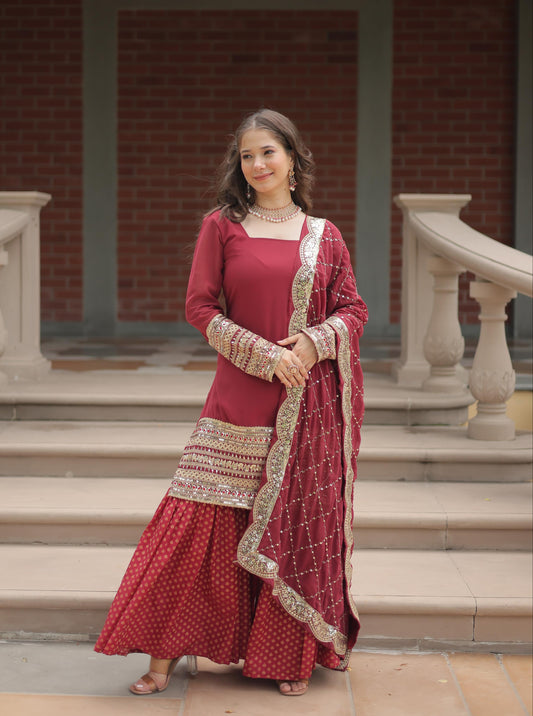 Maroon Color Georgette And Jacquard Sharara Suit