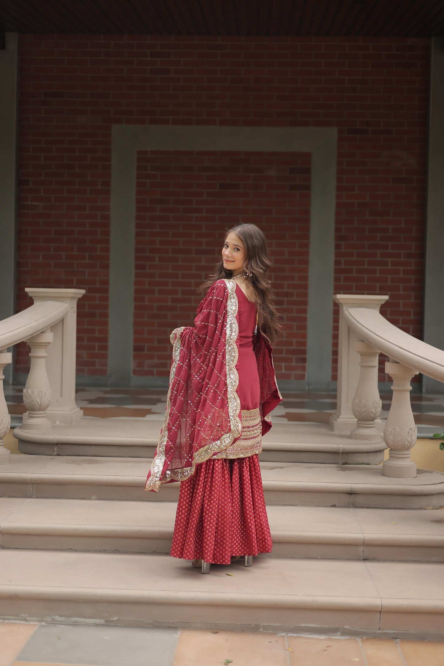 Maroon Color Georgette And Jacquard Sharara Suit