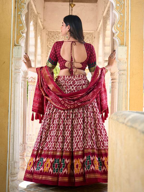 Maroon Color Ikkat Print With Foil Work Tussar Silk Lehenga Choli