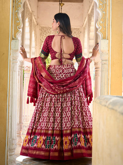 Maroon Color Ikkat Print With Foil Work Tussar Silk Lehenga Choli