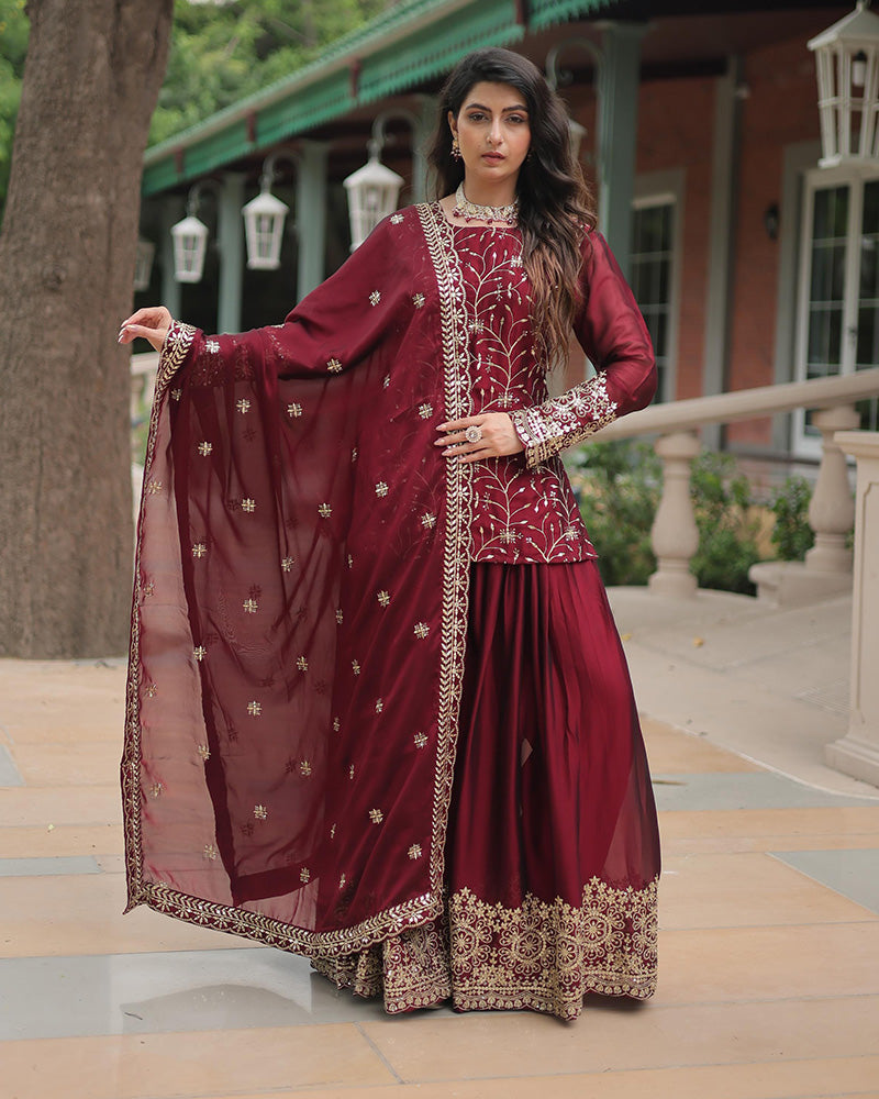 Maroon Color Rangoli Silk Embroidered Palazzo Suit Set