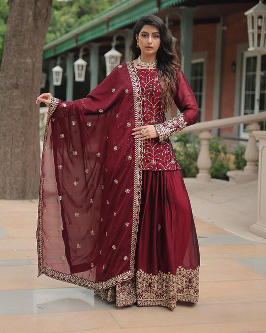 Maroon Color Rangoli Silk Embroidered Palazzo Suit Set