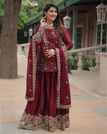 Maroon Color Rangoli Silk Embroidered Palazzo Suit Set