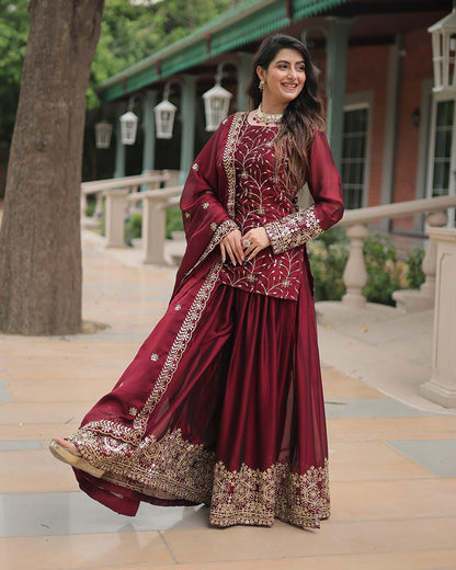 Maroon Color Rangoli Silk Embroidered Palazzo Suit Set