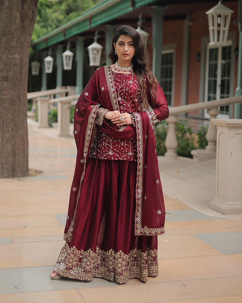 Maroon Color Rangoli Silk Embroidered Palazzo Suit Set