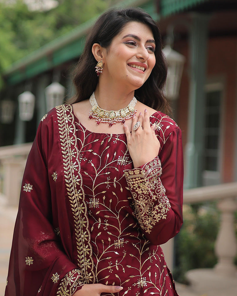 Maroon Color Rangoli Silk Embroidered Palazzo Suit Set