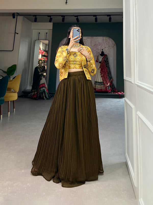 Mehandi Color Plain With Viscose Jacquard Silk Blouse And Koti With Crush Georgette Co-ord Set