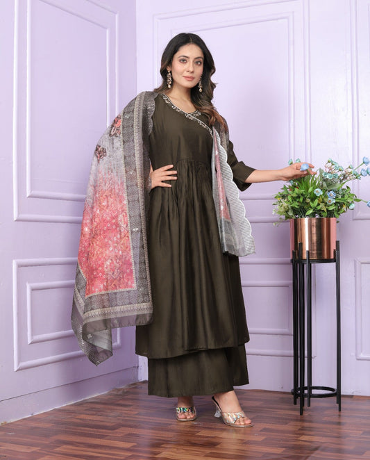 Mehndi Color Angarkha Neck Hand Work Palazzo Suit Set