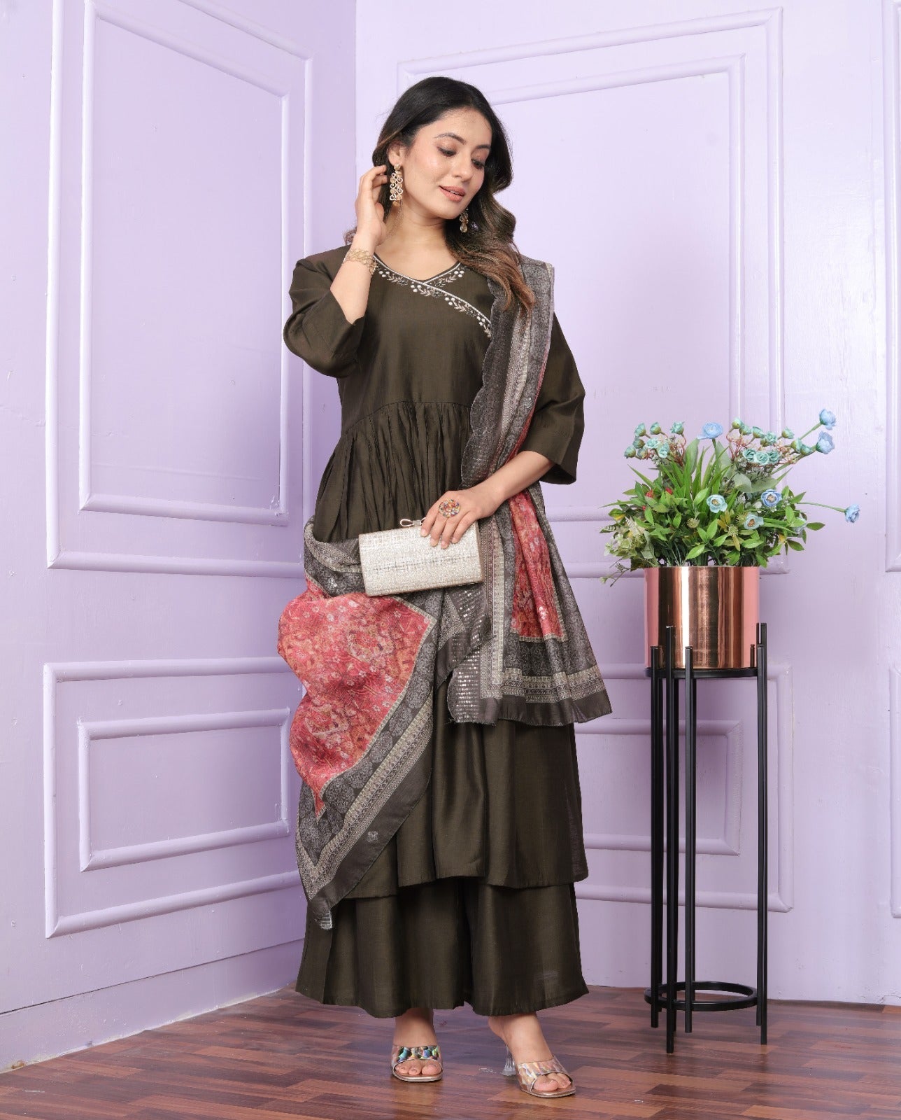 Mehndi Color Angarkha Neck Hand Work Palazzo Suit Set