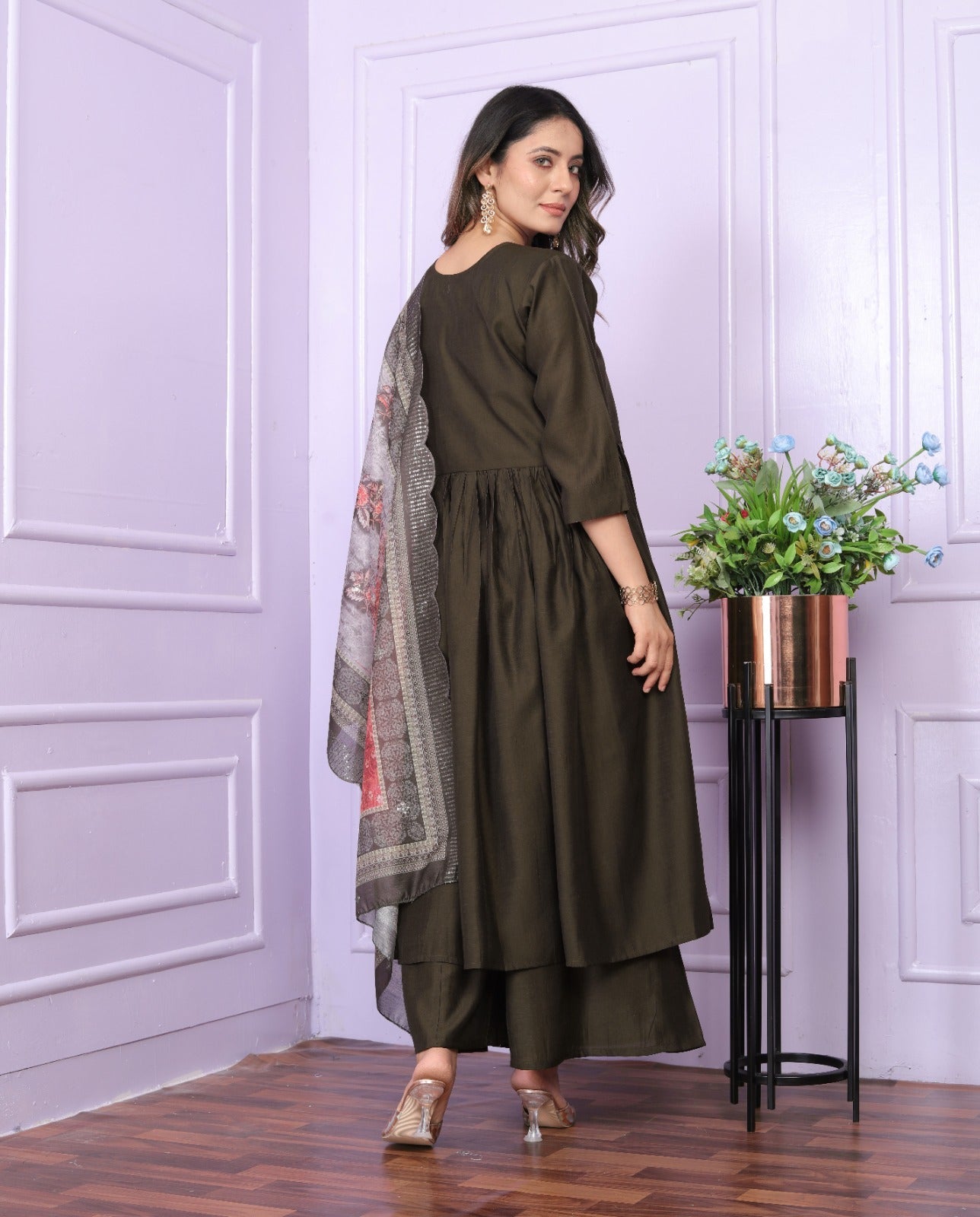 Mehndi Color Angarkha Neck Hand Work Palazzo Suit Set