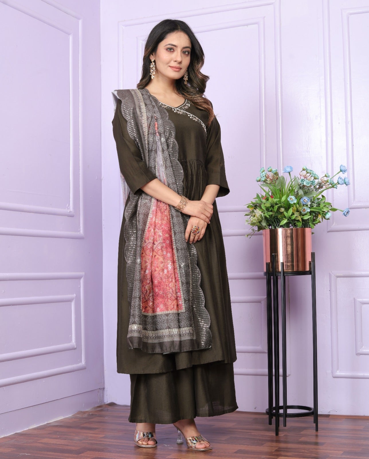 Mehndi Color Angarkha Neck Hand Work Palazzo Suit Set