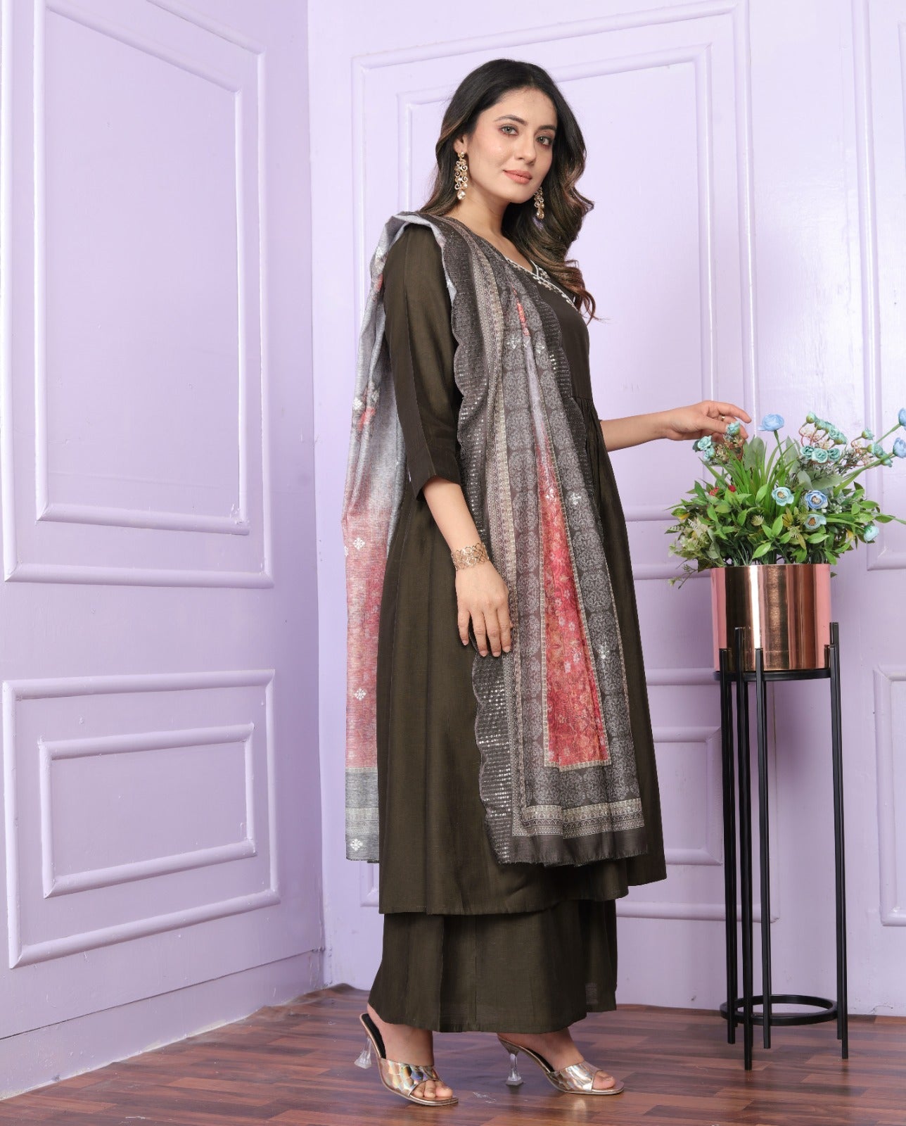 Mehndi Color Angarkha Neck Hand Work Palazzo Suit Set