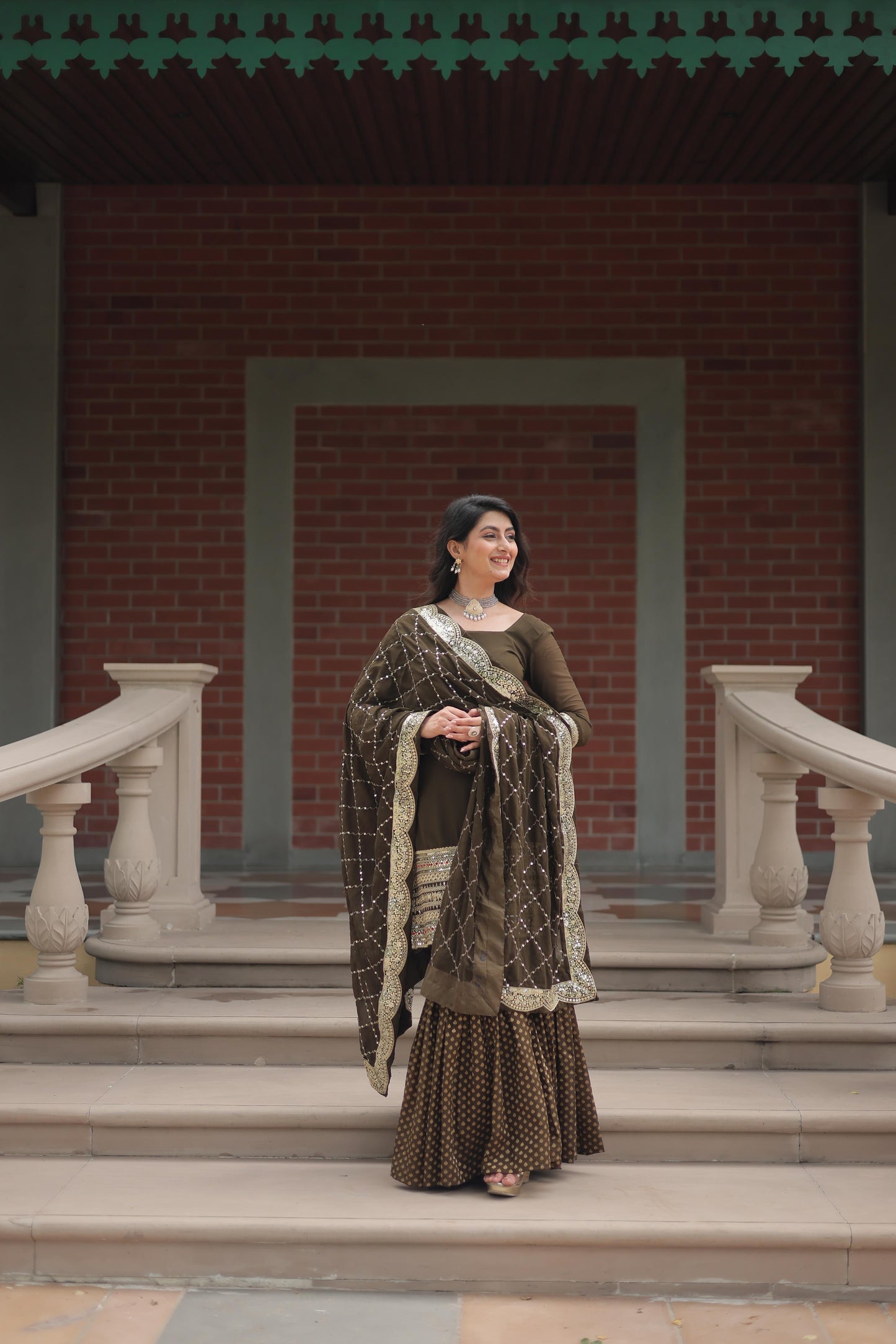 Mehndi Color Georgette And Jacquard Sharara Suit