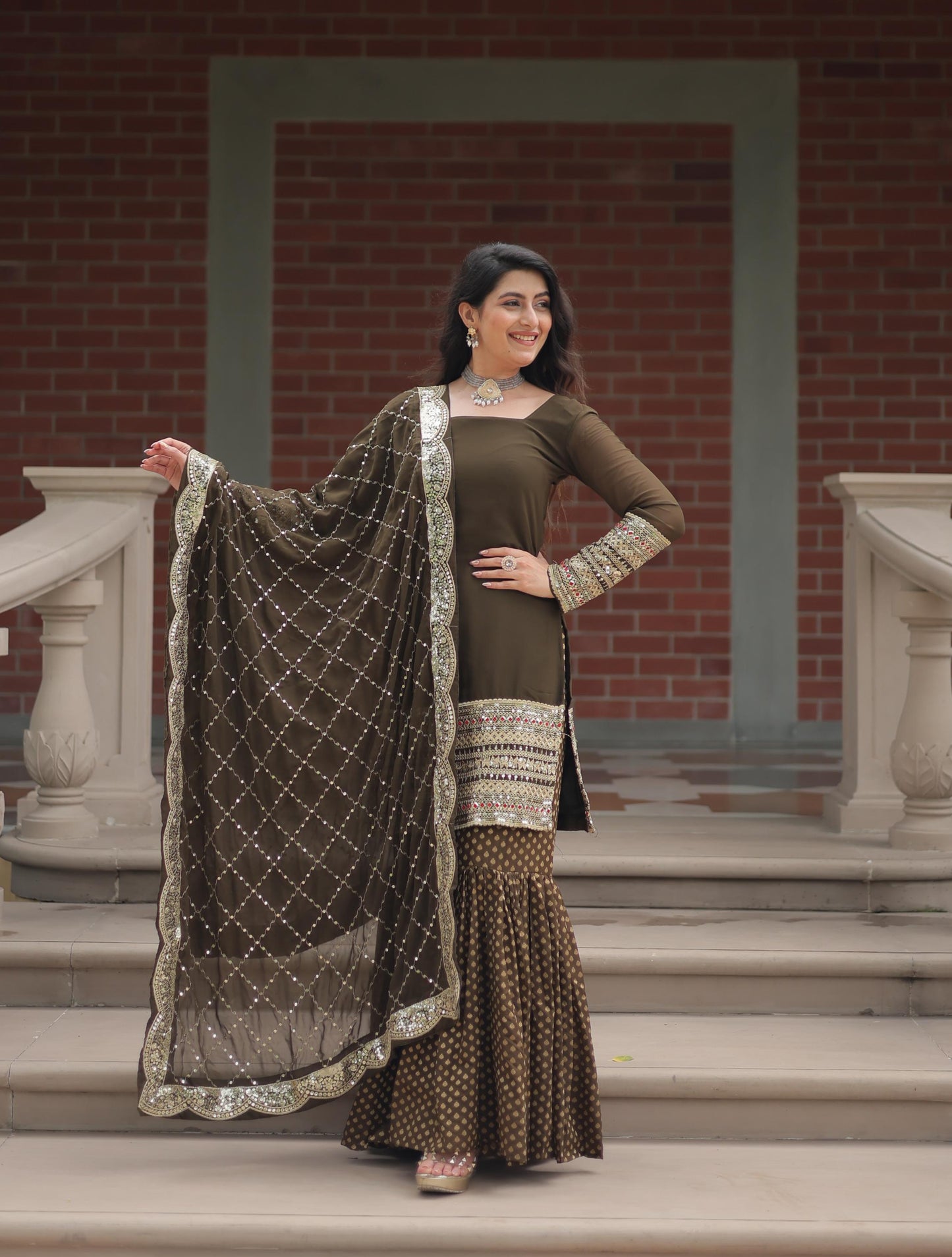 Mehndi Color Georgette And Jacquard Sharara Suit