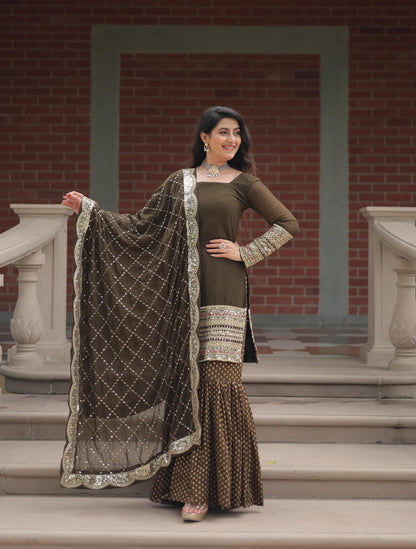 Mehndi Color Georgette And Jacquard Sharara Suit