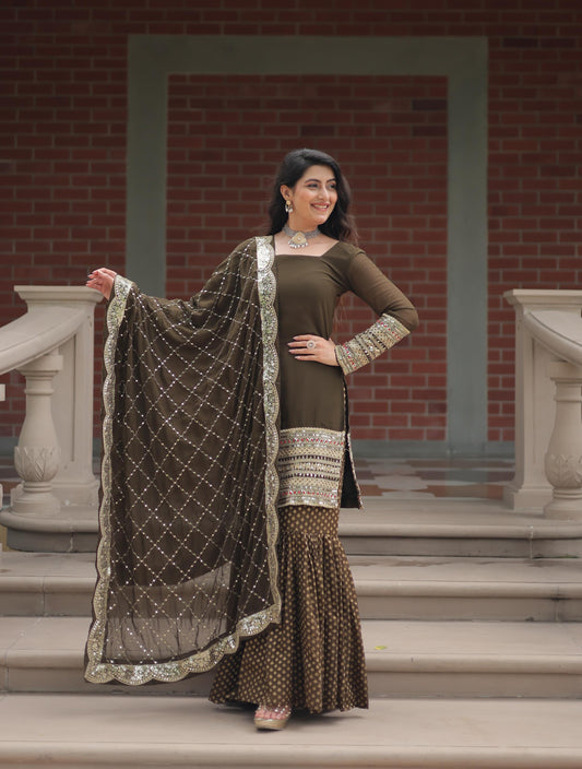 Mehndi Color Georgette And Jacquard Sharara Suit