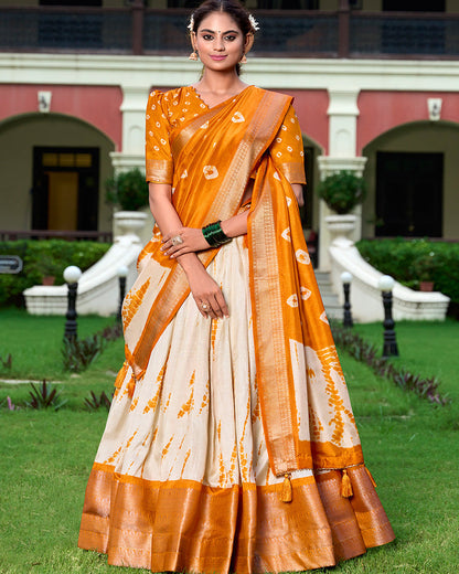 Mustard Color Dola Silk Shibori Print Traditional Half Saree Lehenga