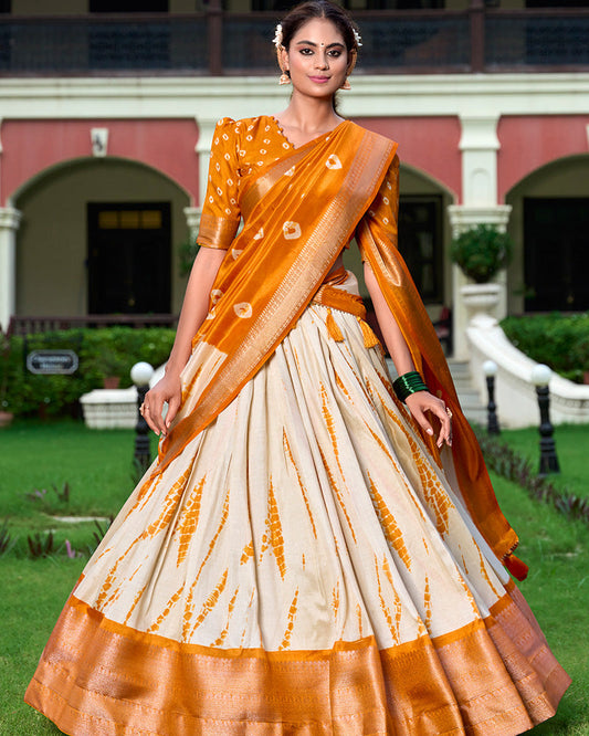 Mustard Color Dola Silk Shibori Print Traditional Half Saree Lehenga