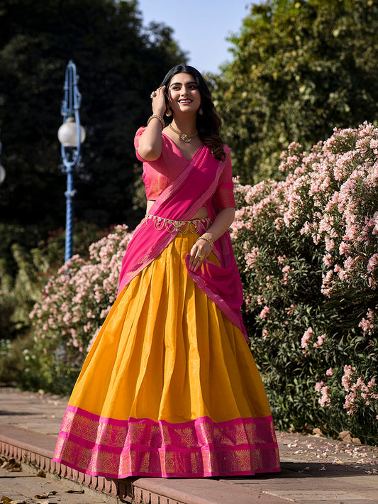 Mustard Color Zari Weaving Work Kanchipuram South Indian Half Saree Lehenga Choli