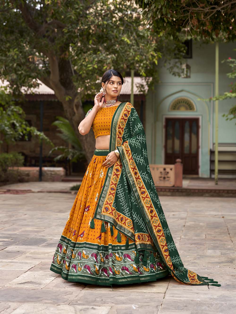 Mustard Color Patola Print With Foil Work Tussar Silk Lehenga Choli