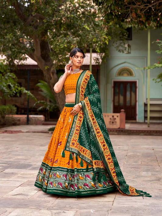 Mustard Color Patola Print With Foil Work Tussar Silk Lehenga Choli