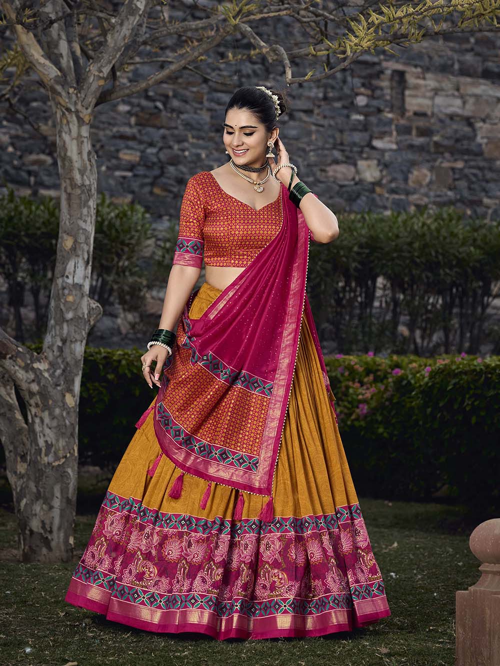 Mustard Color Floral Print With Foil Print Tussar Silk Lehenga Choli