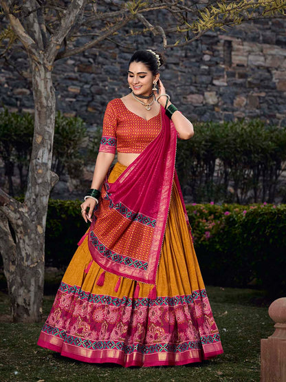 Mustard Color Floral Print With Foil Print Tussar Silk Lehenga Choli