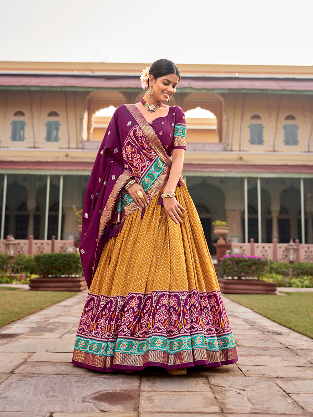 Mustard Color Patola With Foil Print Tussar Silk Traditional Lehenga Choli
