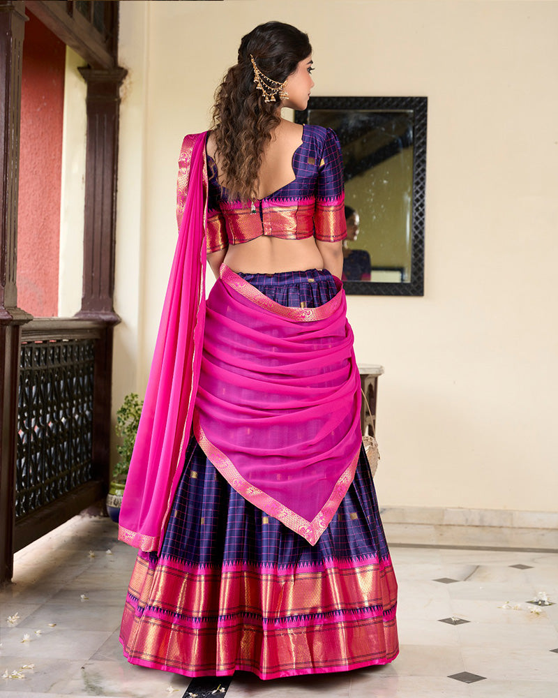 Navy Blue Color Cotton Silk Designer  South Indian Half Saree Lehenga
