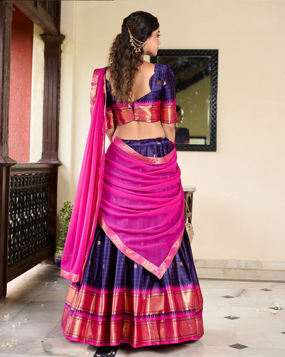 Navy Blue Color Cotton Silk Designer  South Indian Half Saree Lehenga