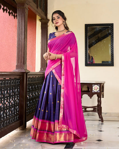 Navy Blue Color Cotton Silk Designer  South Indian Half Saree Lehenga