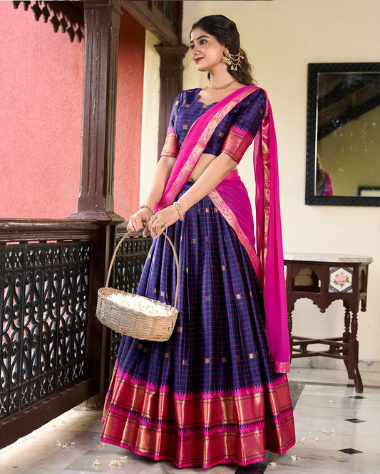 Navy Blue Color Cotton Silk Designer  South Indian Half Saree Lehenga