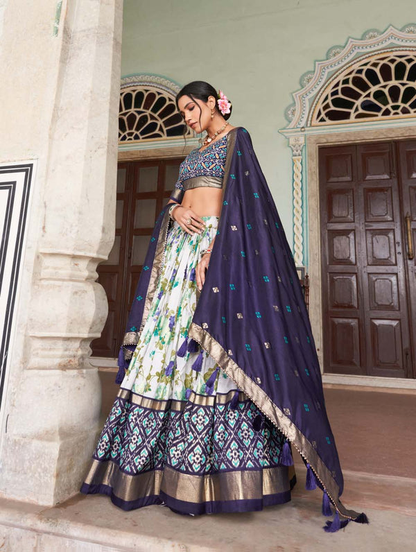 Navy Blue Color Floral And Patola Printed With Foil Work Tussar Silk Traditional Lehenga Choli