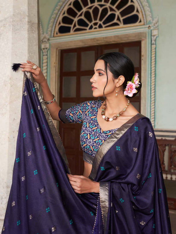 Navy Blue Color Floral And Patola Printed With Foil Work Tussar Silk Traditional Lehenga Choli