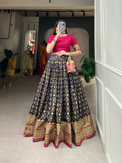 Navy Blue Color Foil Print And Embellish Stone Work Dola Silk Co-ord Set Lehenga