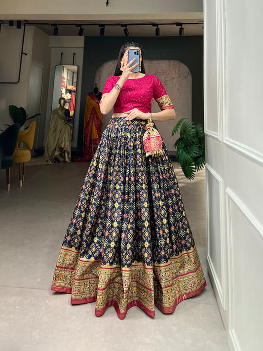 Navy Blue Color Foil Print And Embellish Stone Work Dola Silk Co-ord Set Lehenga