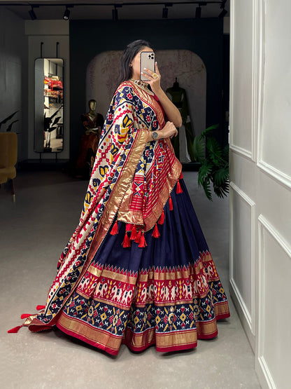 Navy Blue Color Ikkat Patola Print With Foil Work Tussar Silk Lehenga Choli