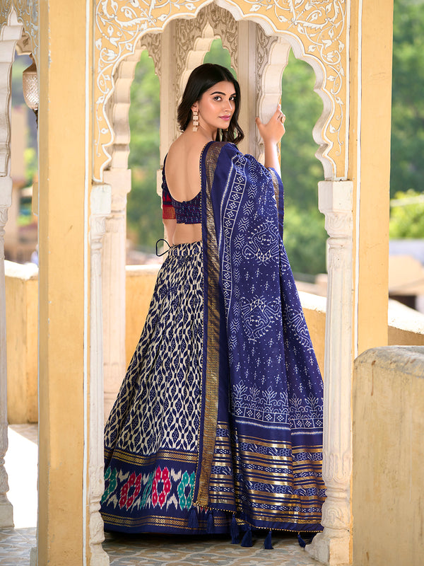Navy Blue Color Ikkat Print With Foil Work Tussar Silk Lehenga Choli