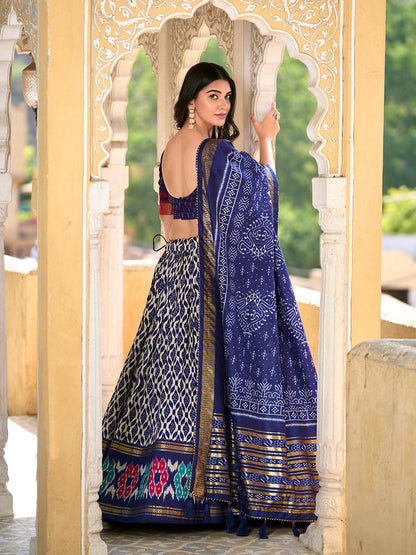 Navy Blue Color Ikkat Print With Foil Work Tussar Silk Lehenga Choli
