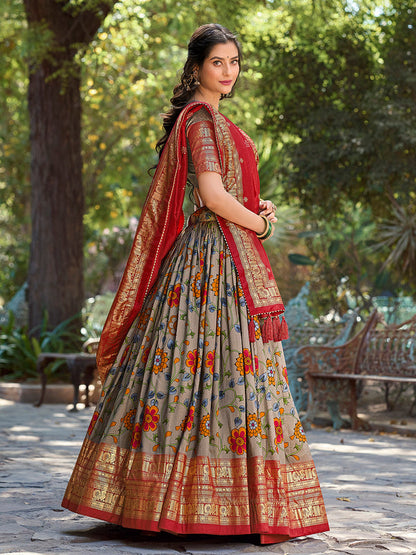 Grey Color Kalamkari Print With Foil Work Tussar Silk Lehenga Choli