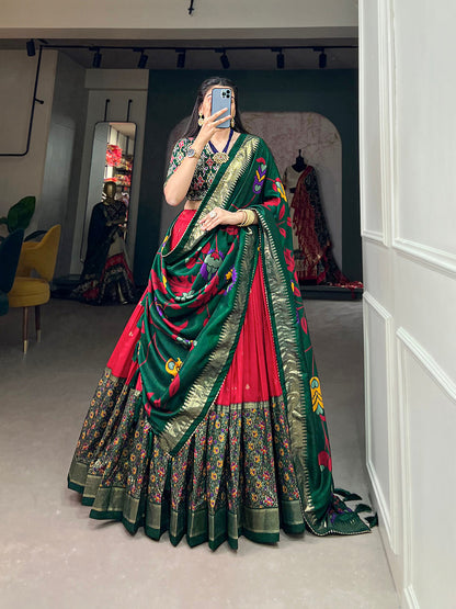 Red Color Print With Foil Work Tussar Silk Lehenga Choli