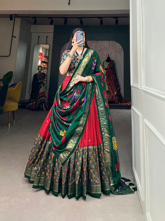 Red Color Print With Foil Work Tussar Silk Lehenga Choli
