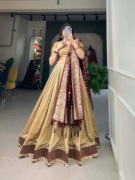 Chiku Color Plain With Jacquard Lace Border Vichitra Silk Lehenga Choli