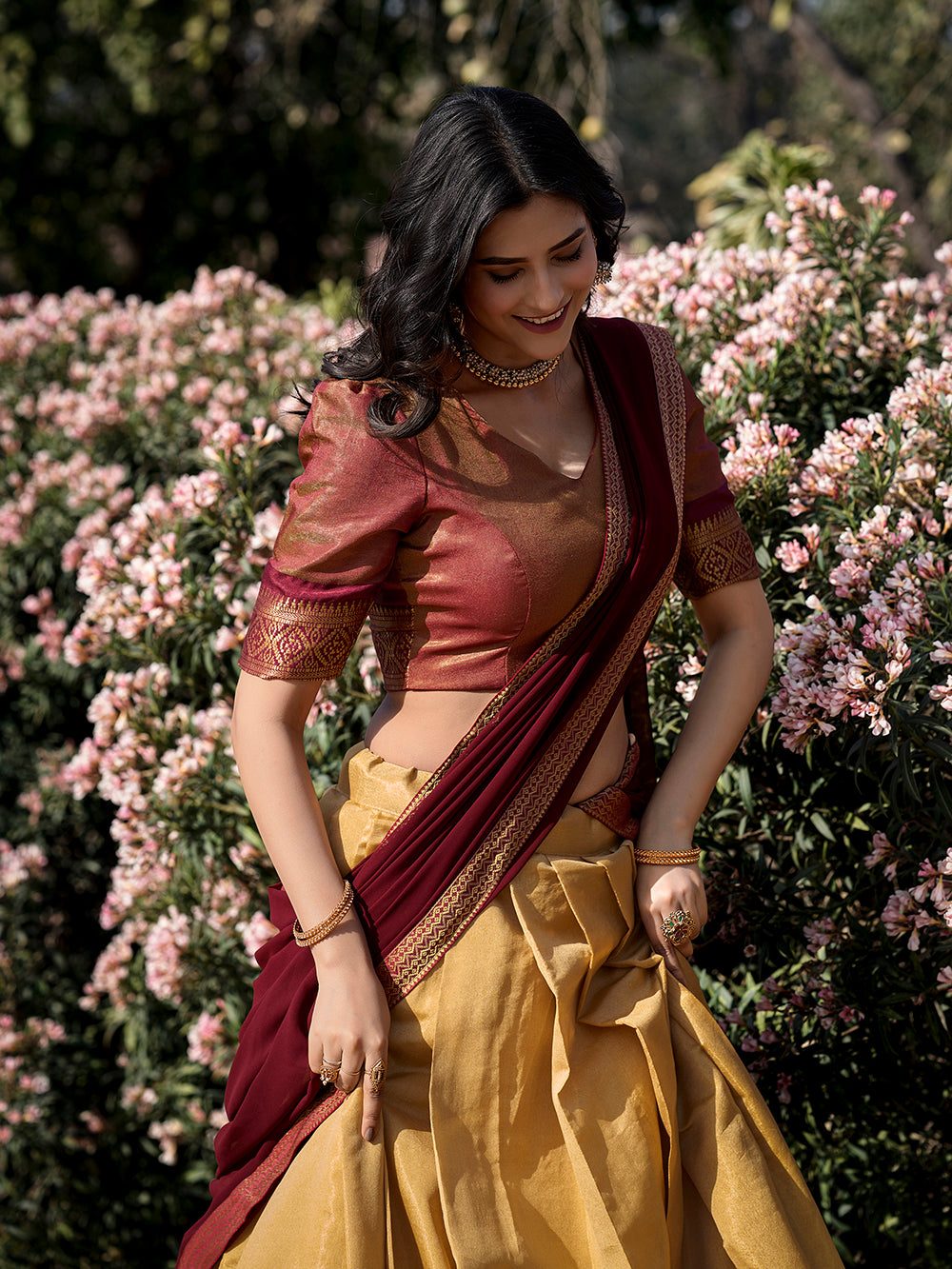 Cream Color Zari Weaving Work Kanchipuram South Indian Half Saree Lehenga Choli
