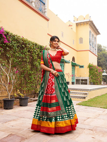 Green Color Print With Foil Work Tussar Silk Lehenga Choli